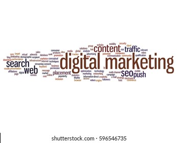 Vector concept conceptual digital marketing seo or traffic abstract word cloud isolated on background metaphor to business, market, content, search, web, push, placement, communication or technology