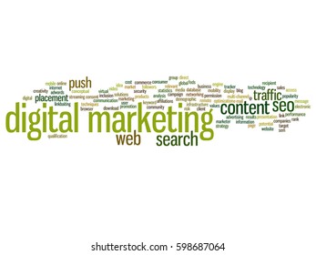 Vector concept conceptual digital marketing seo or traffic abstract word cloud isolated on background metaphor to business, market, content, search, web, push, placement, communication or technology