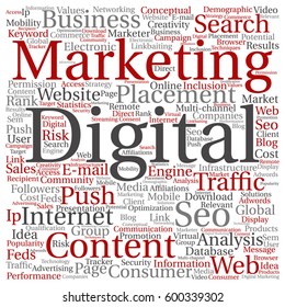 Vector concept or conceptual digital marketing seo or traffic square word cloud isolated on background metaphor to business, market, content, search, web, push, placement, communication or technology