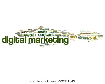 Vector concept conceptual digital marketing seo or traffic abstract word cloud isolated on background metaphor to business, market, content, search, web, push, placement, communication or technology