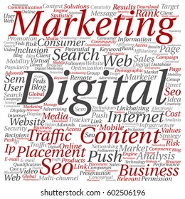 Vector concept or conceptual digital marketing seo or traffic square word cloud isolated on background metaphor to business, market, content, search, web, push, placement, communication or technology