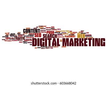 Vector concept conceptual digital marketing seo or traffic abstract word cloud isolated on background metaphor to business, market, content, search, web, push, placement, communication or technology