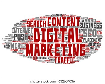 Vector concept or conceptual digital marketing seo traffic abstract word cloud isolated on background. Collage of business, market, content, search, web push, placement, communication technology text
