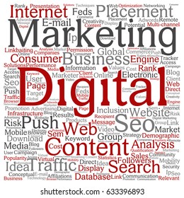 Vector concept or conceptual digital marketing seo traffic square word cloud isolated on background. Collage of business, market, content, search, web push, placement or communication technology text