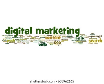 Vector concept or conceptual digital marketing seo traffic abstract word cloud isolated on background. Collage of business, market, content, search, web push, placement, communication technology text