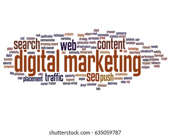 Vector concept or conceptual digital marketing seo traffic abstract word cloud isolated on background. Collage of business, market, content, search, web push, placement, communication technology text