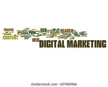 Vector concept or conceptual digital marketing seo traffic abstract word cloud isolated on background. Collage of business, market, content, search, web push, placement, communication technology text