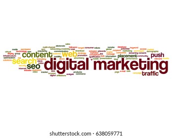 Vector concept or conceptual digital marketing seo traffic abstract word cloud isolated on background. Collage of business, market, content, search, web push, placement, communication technology text