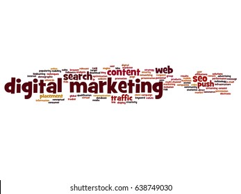 Vector concept or conceptual digital marketing seo traffic abstract word cloud isolated on background. Collage of business, market, content, search, web push, placement, communication technology text