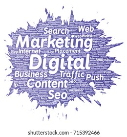 Vector concept or conceptual digital marketing seo traffic paint brush word cloud isolated background. Collage of business, market content, search, web push placement or communication technology