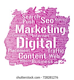 Vector concept or conceptual digital marketing seo traffic paint brush word cloud isolated background. Collage of business, market content, search, web push placement or communication technology