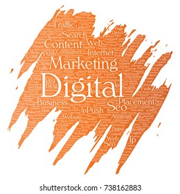 Vector concept or conceptual digital marketing seo traffic paint brush word cloud isolated background. Collage of business, market content, search, web push placement or communication technology