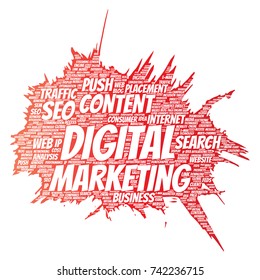 Vector concept or conceptual digital marketing seo traffic paint brush word cloud isolated background. Collage of business, market content, search, web push placement or communication technology