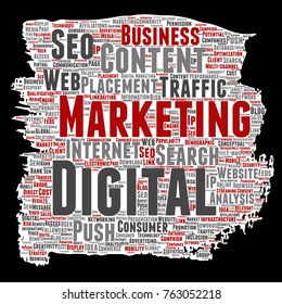 Vector concept or conceptual digital marketing seo traffic paint brush paper word cloud isolated background. Collage of business, market content, search, web push placement or communication technology