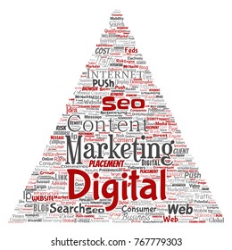 Vector concept or conceptual digital marketing seo traffic triangle arrow word cloud isolated background. Collage of business, market content, search, web push placement or communication technology