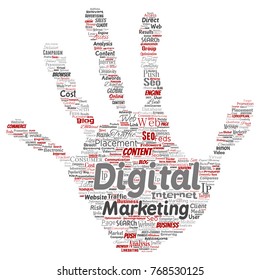 Vector concept or conceptual digital marketing seo traffic hand print stamp word cloud isolated background. Collage of business, market content, search, web push placement or communication technology