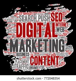 Vector concept or conceptual digital marketing seo traffic paint brush paper word cloud isolated background. Collage of business, market content, search, web push placement or communication technology