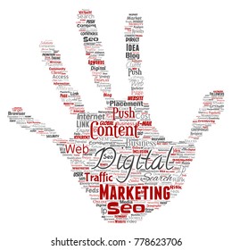 Vector concept or conceptual digital marketing seo traffic hand print stamp word cloud isolated background. Collage of business, market content, search, web push placement or communication technology