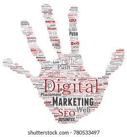 Vector concept or conceptual digital marketing seo traffic hand print stamp word cloud isolated background. Collage of business, market content, search, web push placement or communication technology