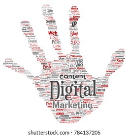 Vector concept or conceptual digital marketing seo traffic hand print stamp word cloud isolated background. Collage of business, market content, search, web push placement or communication technology