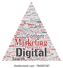 Vector concept or conceptual digital marketing seo traffic triangle arrow word cloud isolated background. Collage of business, market content, search, web push placement or communication technology