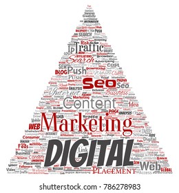 Vector concept or conceptual digital marketing seo traffic triangle arrow word cloud isolated background. Collage of business, market content, search, web push placement or communication technology