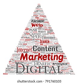 Vector concept or conceptual digital marketing seo traffic triangle arrow word cloud isolated background. Collage of business, market content, search, web push placement or communication technology