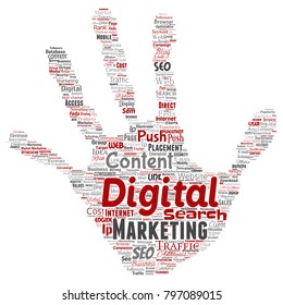 Vector concept or conceptual digital marketing seo traffic hand print stamp word cloud isolated background. Collage of business, market content, search, web push placement or communication technology