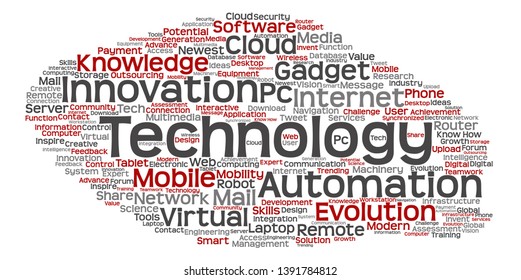 Vector concept or conceptual digital smart technology, innovation media word cloud isolated background. Collage of information, internet, future development, research, evolution or intelligence text