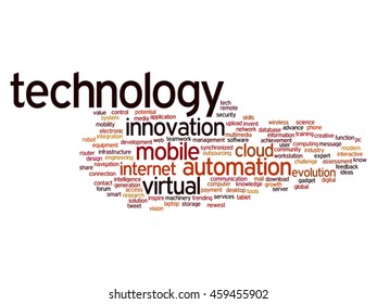 Vector concept or conceptual digital smart technology, media word cloud isolated on background metaphor to information, innovation, internet, future, development, research, evolution or intelligence