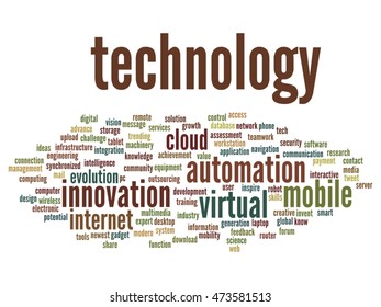 Vector concept or conceptual digital smart technology, media word cloud isolated on background metaphor to information, innovation, internet, future, development, research, evolution or intelligence