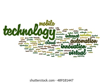 Vector concept or conceptual digital smart technology, media word cloud isolated on background metaphor to information, innovation, internet, future, development, research, evolution or intelligence