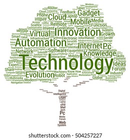 Vector concept or conceptual digital smart technology tree  word cloud isolated on background metaphor to information, innovation, internet, future, development, research, evolution or intelligence