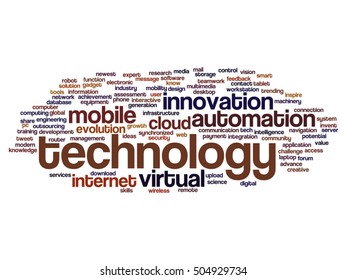 Vector concept or conceptual digital smart technology, media word cloud isolated on background metaphor to information, innovation, internet, future, development, research, evolution or intelligence
