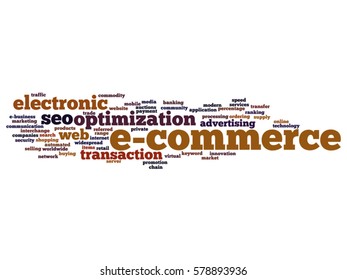 Vector concept conceptual E-commerce electronic sales abstract word cloud isolated on background metaphor to seo, optimization, transaction, web advertising, e-business, technology, worldwide supply