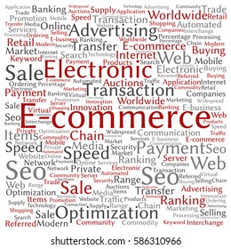 Vector concept or conceptual E-commerce electronic sales square word cloud isolated on background metaphor to seo, optimization, transaction, web advertising, e-business, technology, worldwide supply