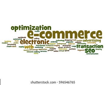 Vector concept conceptual E-commerce electronic sales abstract word cloud isolated on background metaphor to seo, optimization, transaction, web advertising, e-business, technology, worldwide supply