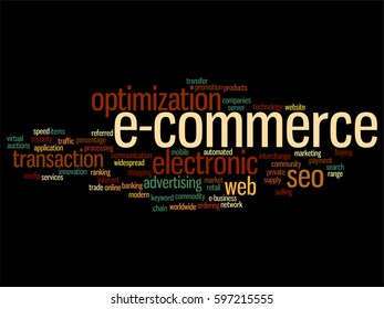 Konzeptueller elektronischer Geschäftsverkehr mit Vektorkonzepten, abstrakte Wörter-Cloud einzeln auf Hintergrundmetapher für das Thema Seo, Optimierung, Transaktion, Web-Werbung, E-Business, Technologie, weltweites Angebot