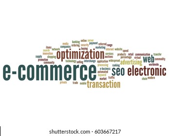 Vector concept conceptual E-commerce electronic sales abstract word cloud isolated on background metaphor to seo, optimization, transaction, web advertising, e-business, technology, worldwide supply