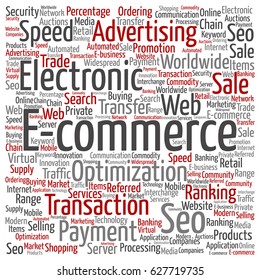 Concepto vectorial o nube de palabras cuadradas conceptual de ventas electrónicas de comercio electrónico aisladas en metáfora de fondo a seo, optimización, transacción, publicidad web, comercio electrónico, tecnología, suministro mundial