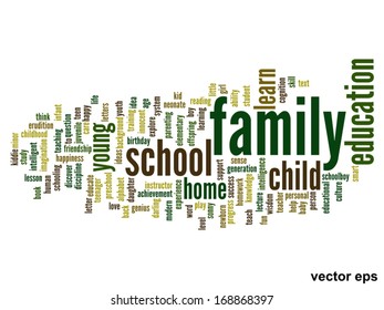 Vector concept or conceptual education abstract word cloud, white background, metaphor to child, family, school, life, learn, knowledge, home, study, teach, educational, achievement, childhood or teen