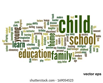 Vector concept or conceptual education abstract word cloud, white background, metaphor to child, family, school, life, learn, knowledge, home, study, teach, educational, achievement, childhood or teen