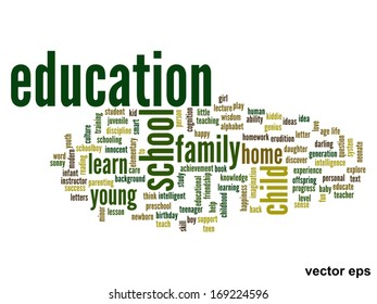 Concepto vectorial o educación conceptual nube de palabras abstracta, fondo blanco, metáfora al niño, la familia, la escuela, la vida, el aprendizaje, el conocimiento, el hogar, el estudio, la enseñanza, la educación, el logro, la infancia o la adolescencia