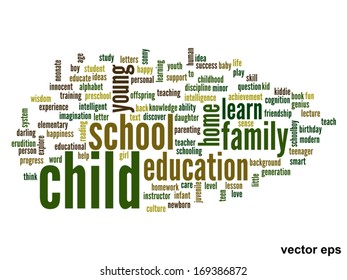Vector concept or conceptual education abstract word cloud, white background, metaphor to child, family, school, life, learn, knowledge, home, study, teach, educational, achievement, childhood or teen