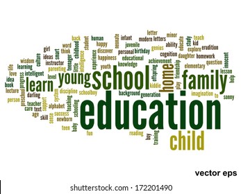 Vector concept or conceptual education abstract word cloud, white background, metaphor to child, family, school, life, learn, knowledge, home, study, teach, educational, achievement, childhood or teen