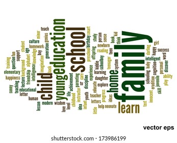Vector concept or conceptual education abstract word cloud, white background, metaphor to child, family, school, life, learn, knowledge, home, study, teach, educational, achievement, childhood or teen