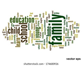 Vektor-Konzept oder konzeptionelle Erziehung abstrakte Wörter Cloud, weißer Hintergrund, Metapher für Kind, Familie, Schule, Leben, Lernen, Wissen, Zuhause, Studium, Lehre, Erziehung, Kindheit oder Teenager