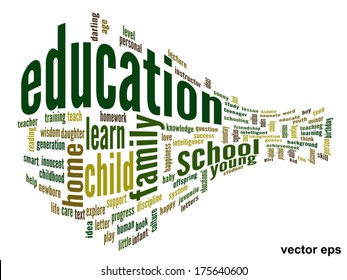 Vector concept or conceptual education abstract word cloud, white background, metaphor to child, family, school, life, learn, knowledge, home, study, teach, educational, achievement, childhood or teen