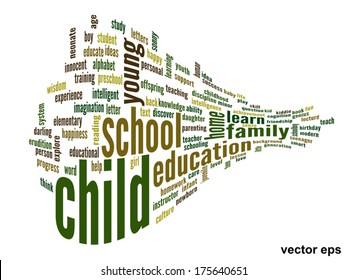 Concepto vectorial o educación conceptual nube de palabras abstracta, fondo blanco, metáfora al niño, la familia, la escuela, la vida, el aprendizaje, el conocimiento, el hogar, el estudio, la enseñanza, la educación, el logro, la infancia o la adolescencia