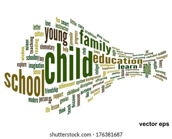 Vector concept or conceptual education abstract word cloud, white background, metaphor to child, family, school, life, learn, knowledge, home, study, teach, educational, achievement, childhood or teen